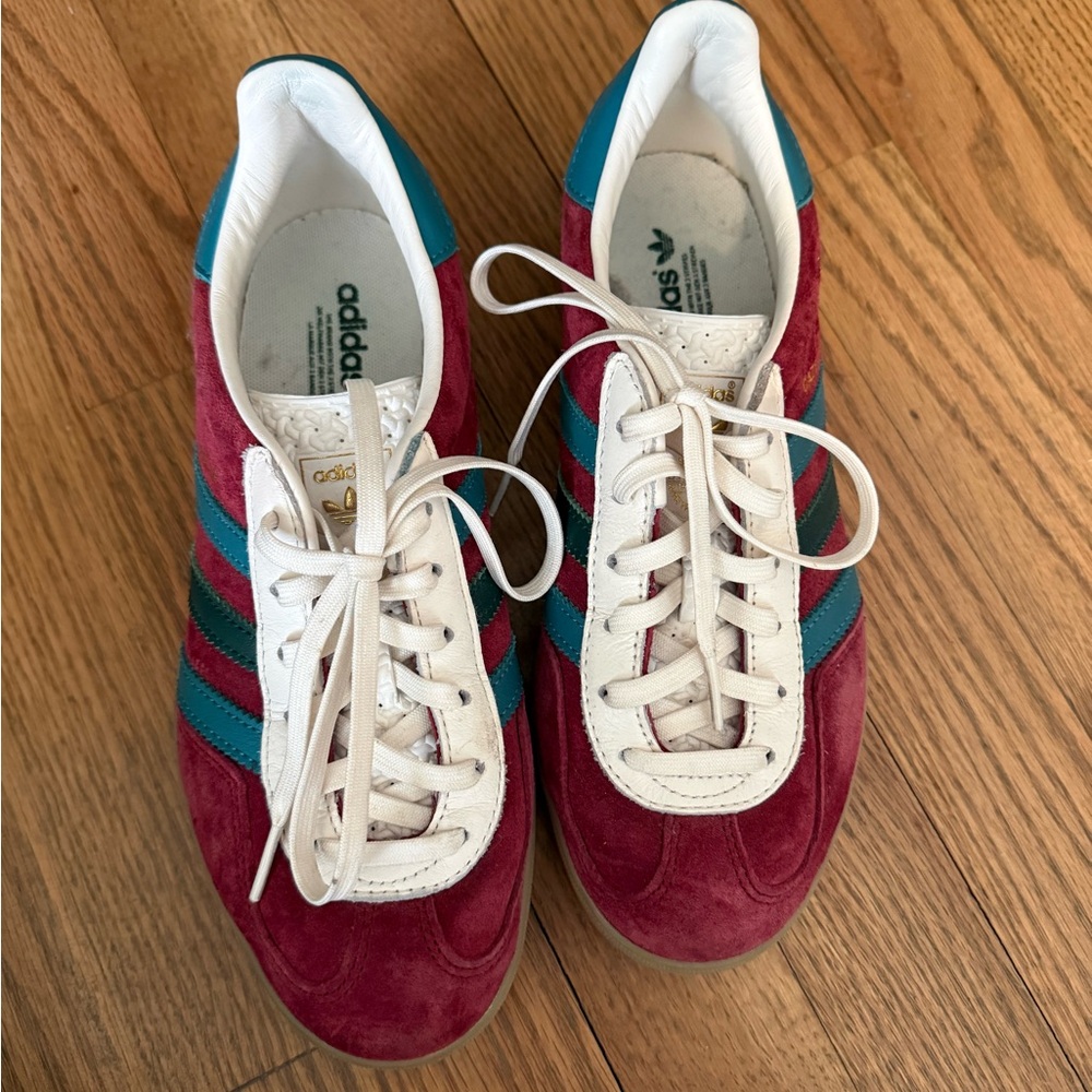 Burgundy and Green EUC Adidas Gazelle